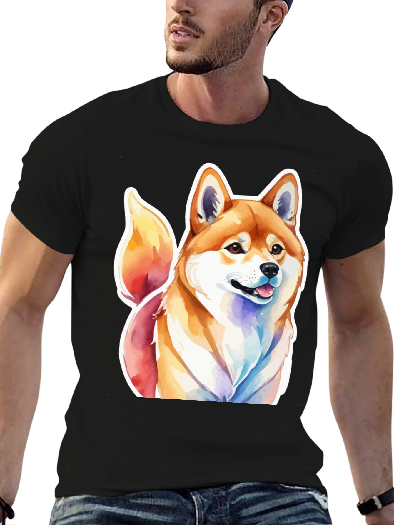 Camiseta Negra con Diseño Shiba Inu Acuarela