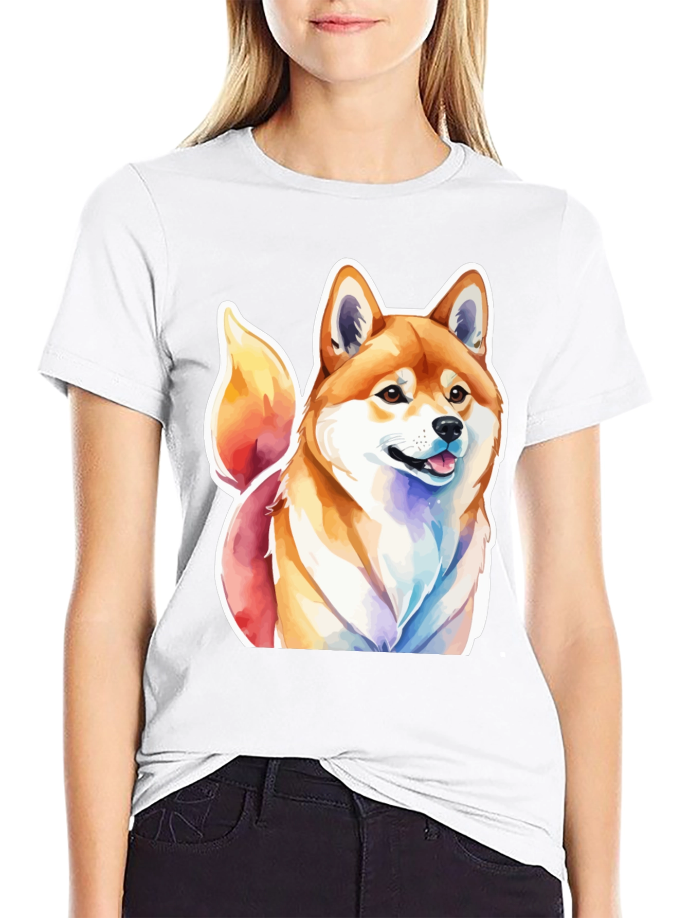 Camiseta Negra con Diseño Shiba Inu Acuarela
