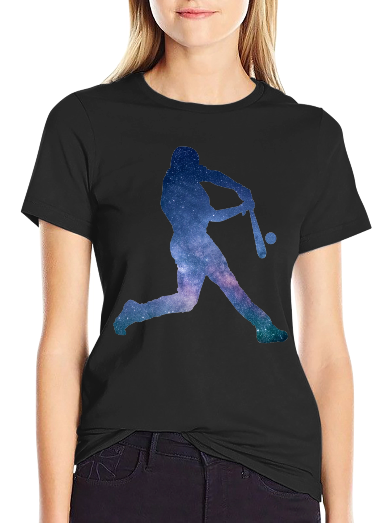Camiseta Negra con Diseño de Béisbol Galáctico