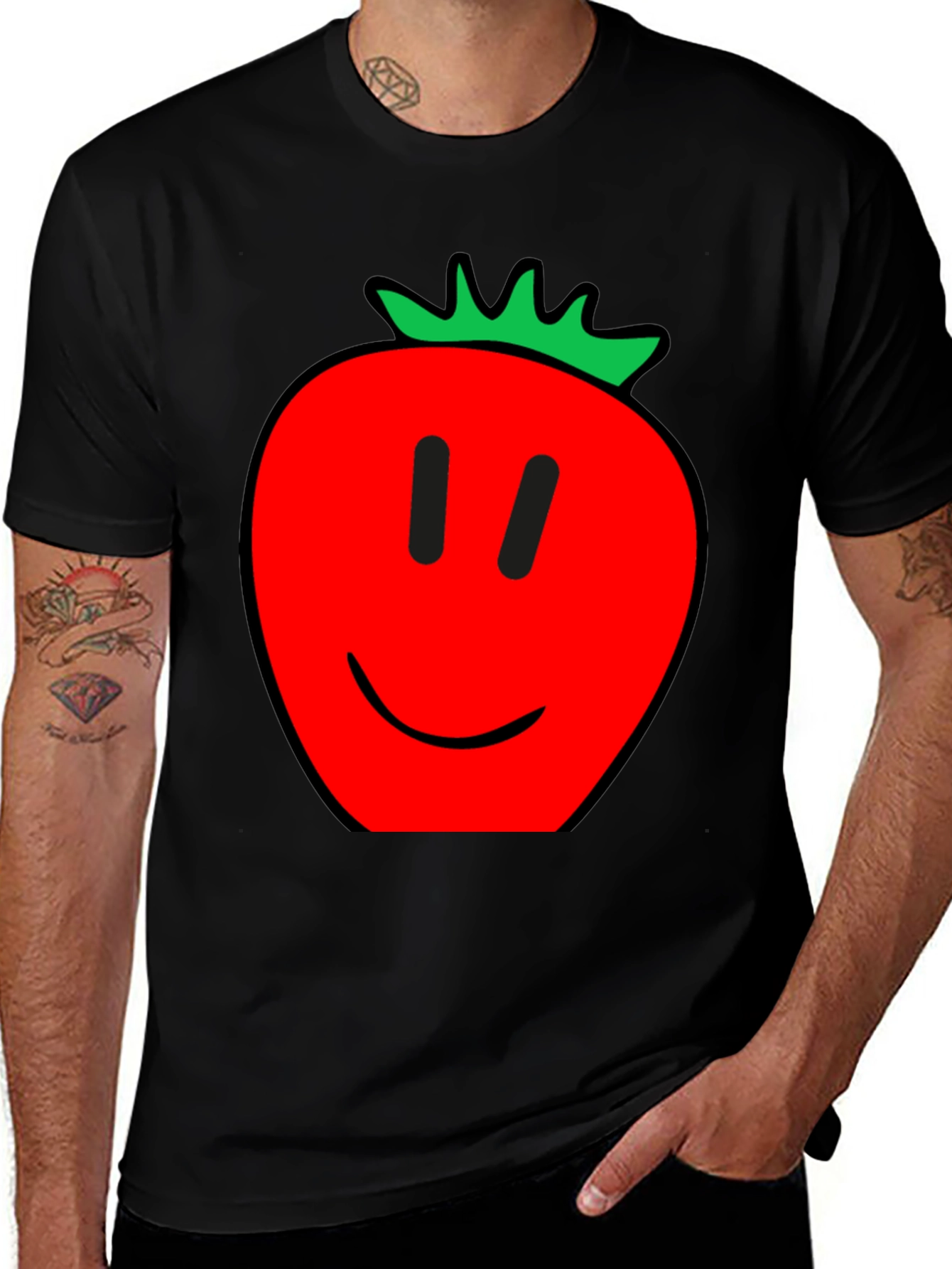 Camiseta Hombre Negra con Estampado de Fresa Feliz
