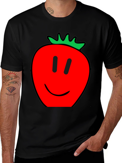 Camiseta Hombre Negra con Estampado de Fresa Feliz