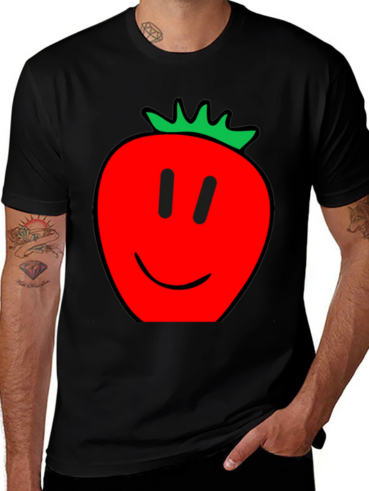 Camiseta Hombre Negra con Estampado de Fresa Feliz