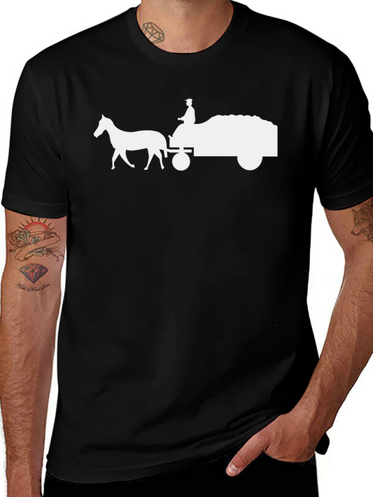 Camiseta Negra con Diseño de Carreta Tirada por Caballo