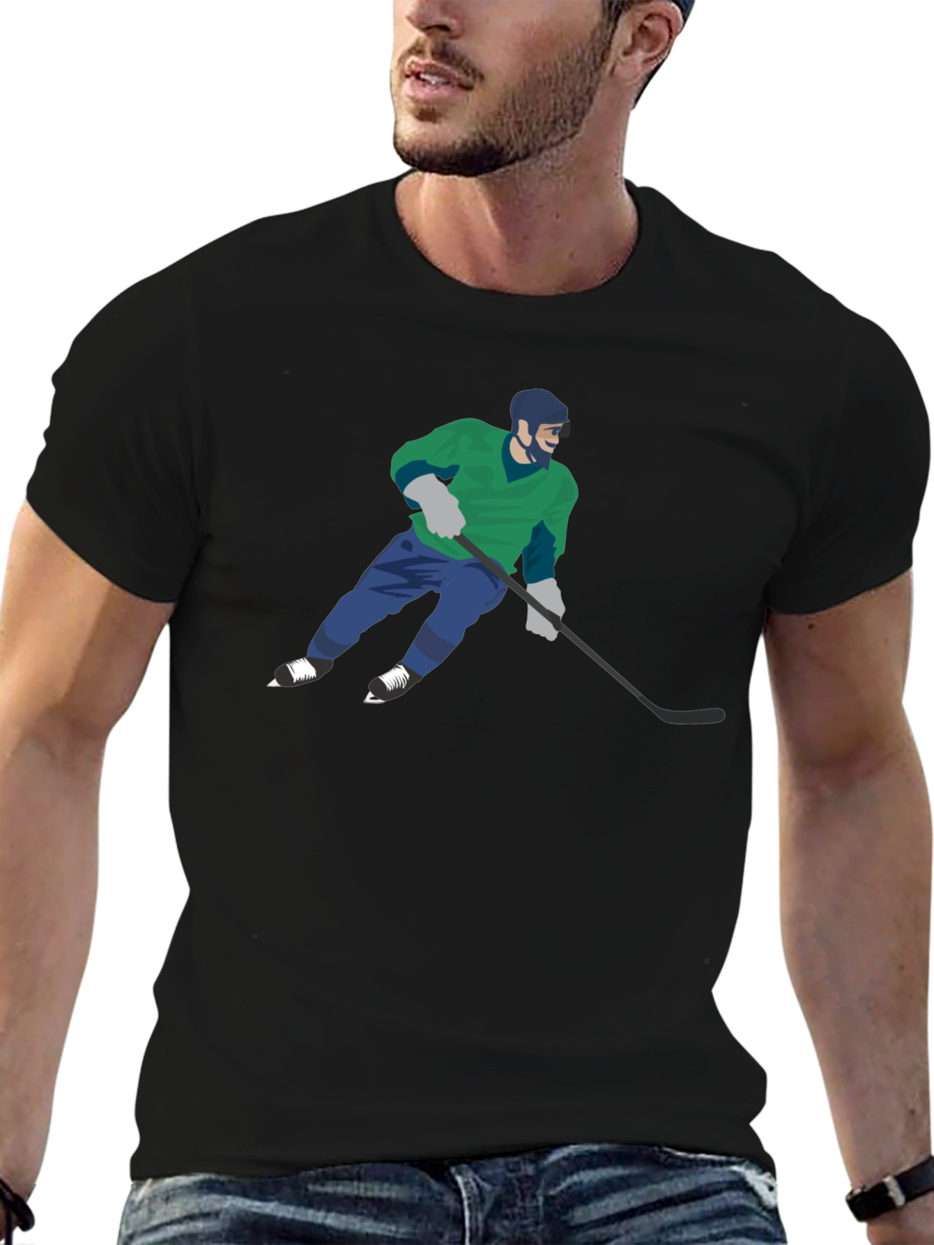 Camiseta Negra con Diseño de Jugador de Hockey