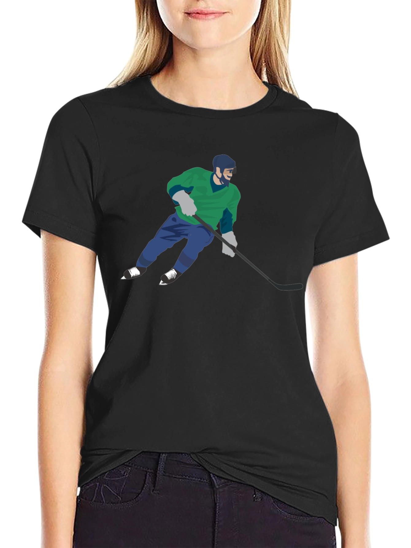 Camiseta Negra con Diseño de Jugador de Hockey