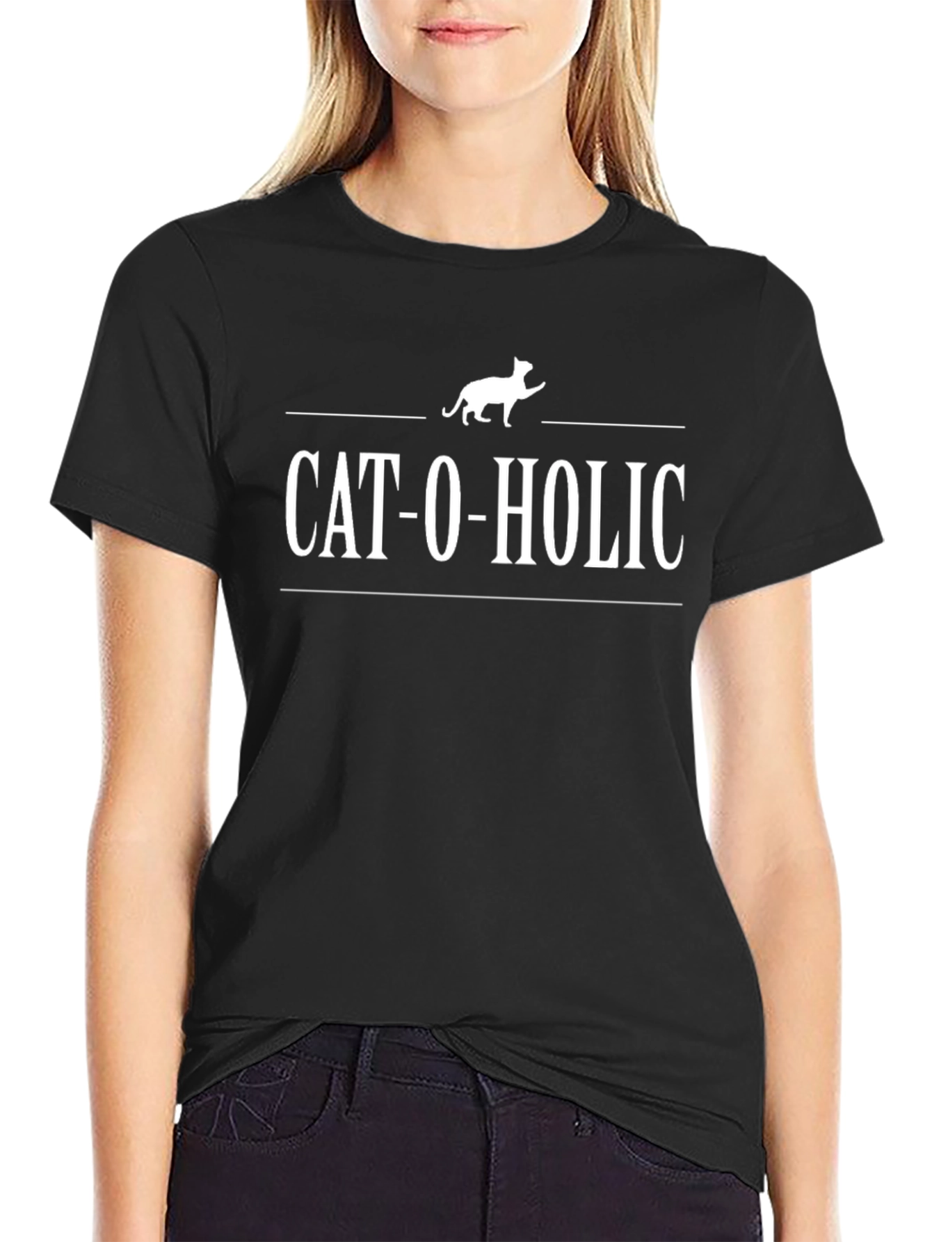 Camiseta Negra Cat-O-Holic para Amantes de los Gatos