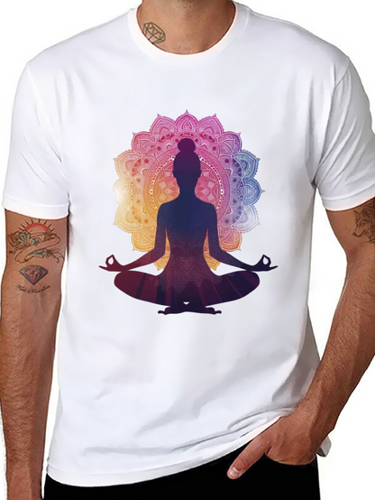Camiseta Negra con Diseño Mandala y Silueta de Yoga