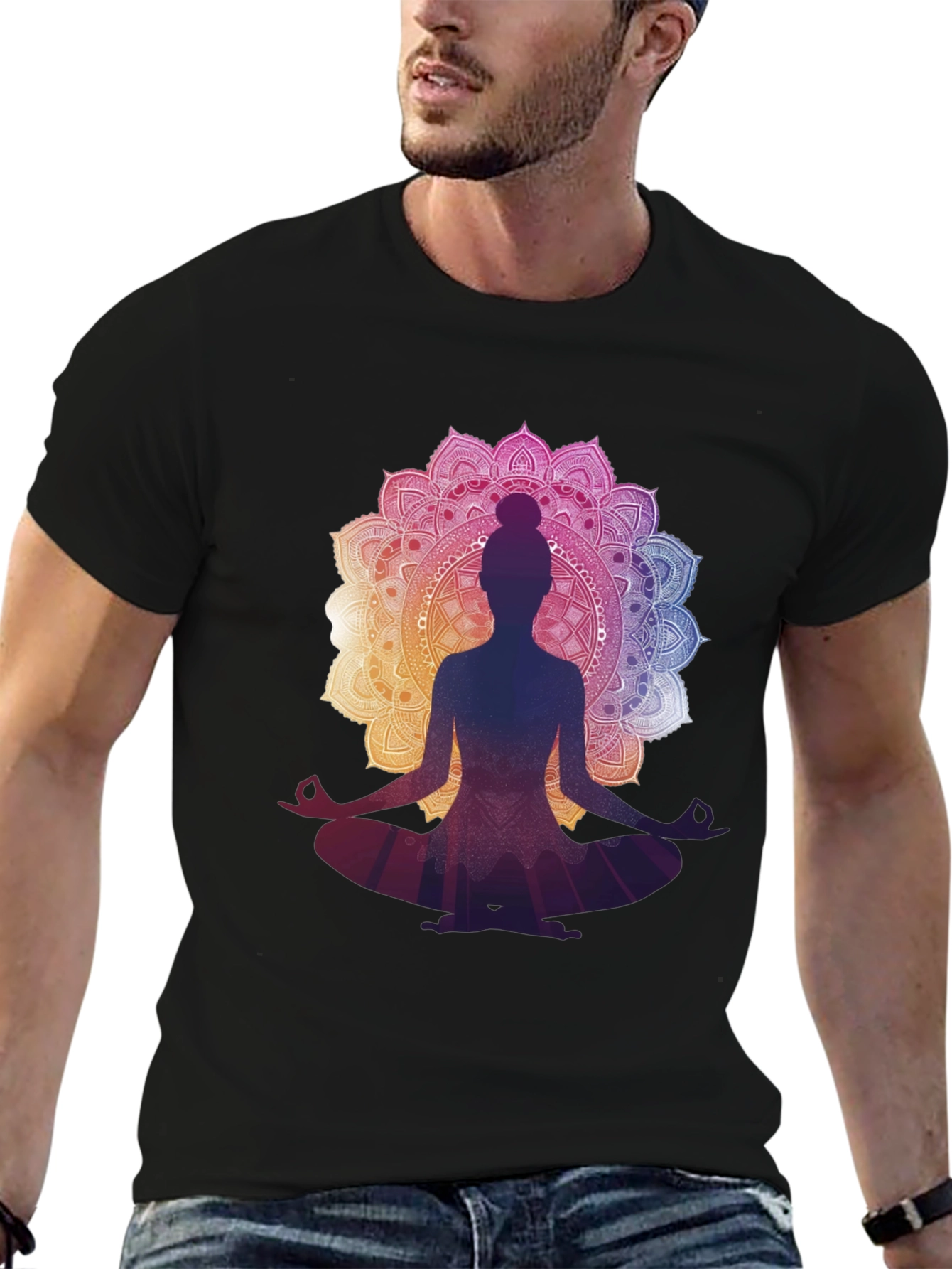 Camiseta Negra con Diseño Mandala y Silueta de Yoga