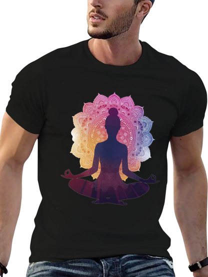 Camiseta Negra con Diseño Mandala y Silueta de Yoga