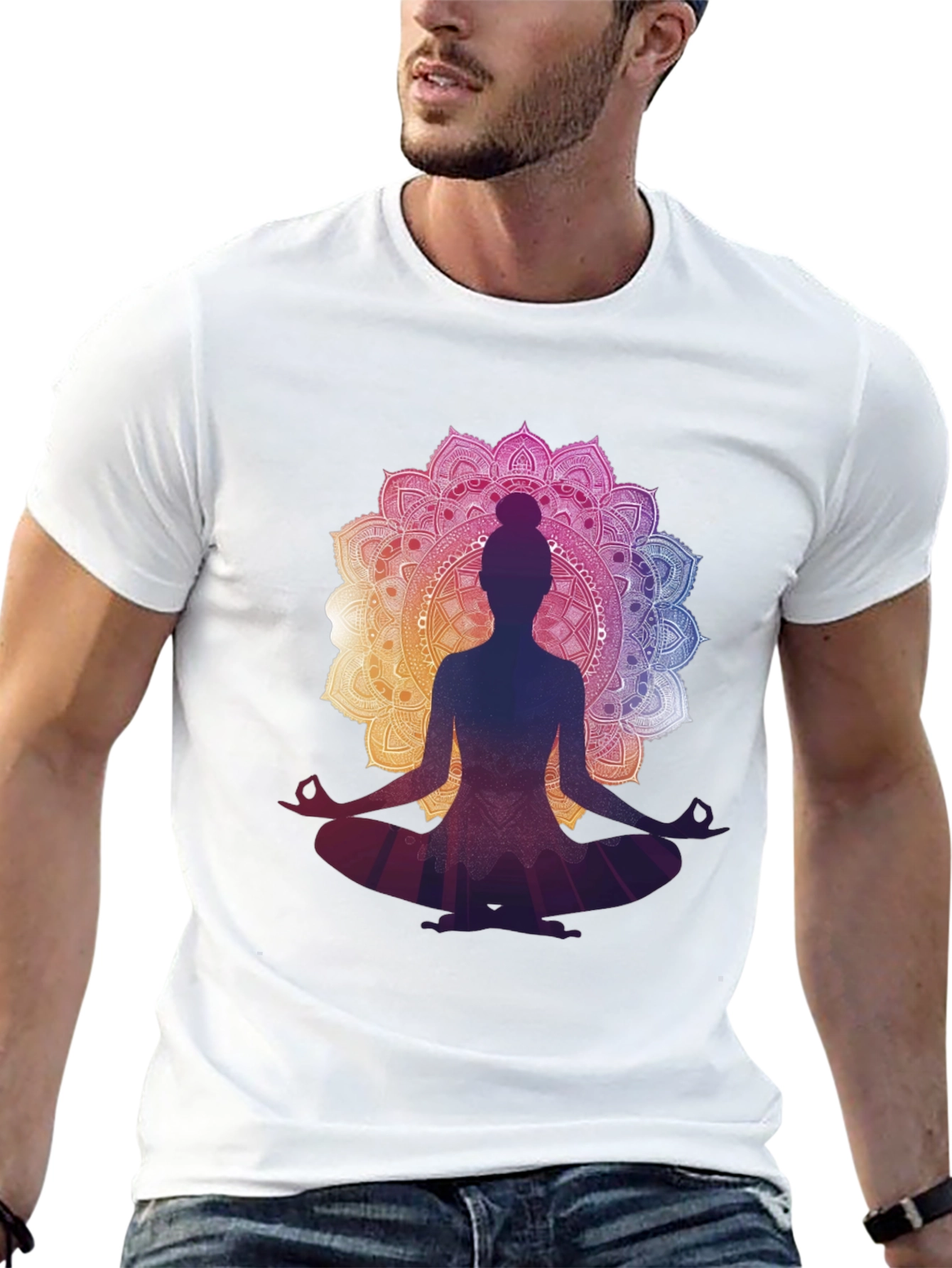 Camiseta Negra con Diseño Mandala y Silueta de Yoga