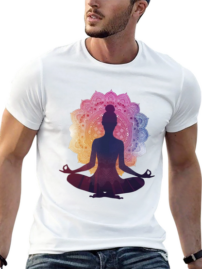 Camiseta Negra con Diseño Mandala y Silueta de Yoga