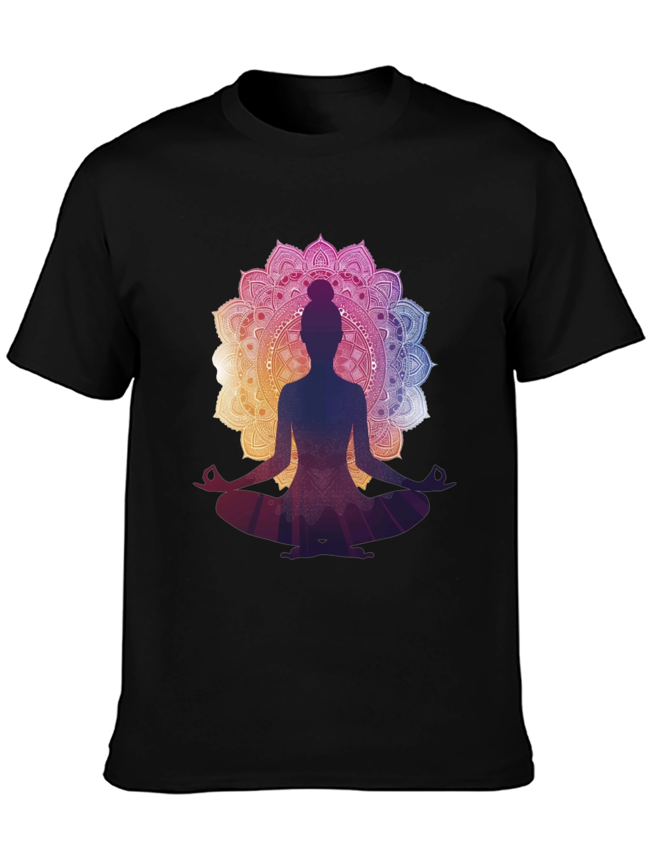 Camiseta Negra con Diseño Mandala y Silueta de Yoga