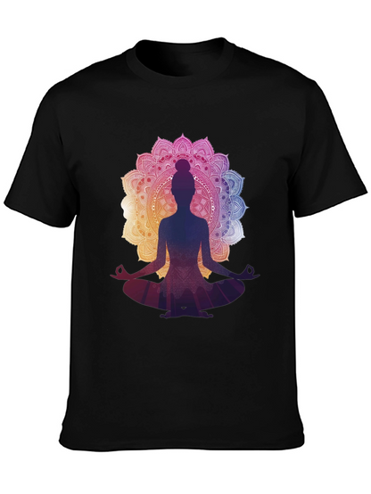 Camiseta Negra con Diseño Mandala y Silueta de Yoga