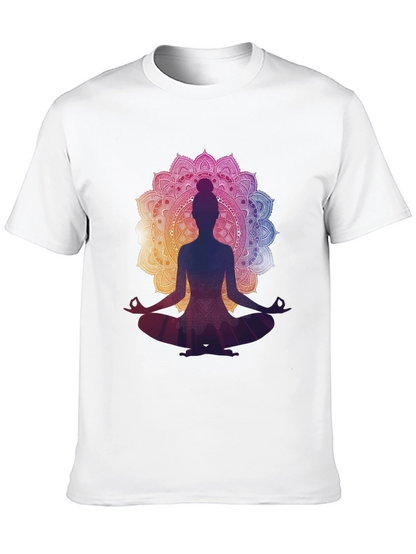 Camiseta Negra con Diseño Mandala y Silueta de Yoga
