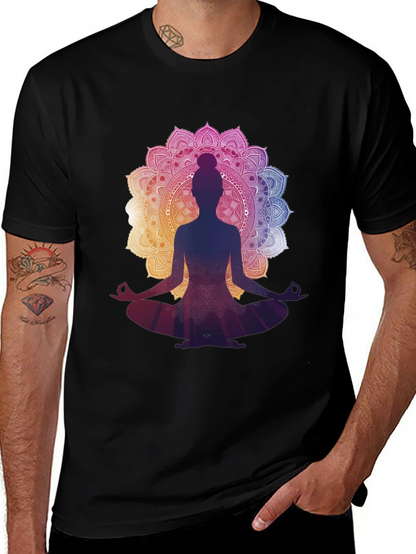 Camiseta Negra con Diseño Mandala y Silueta de Yoga