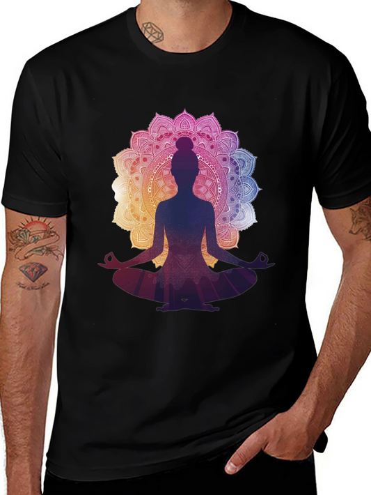 Camiseta Negra con Diseño Mandala y Silueta de Yoga