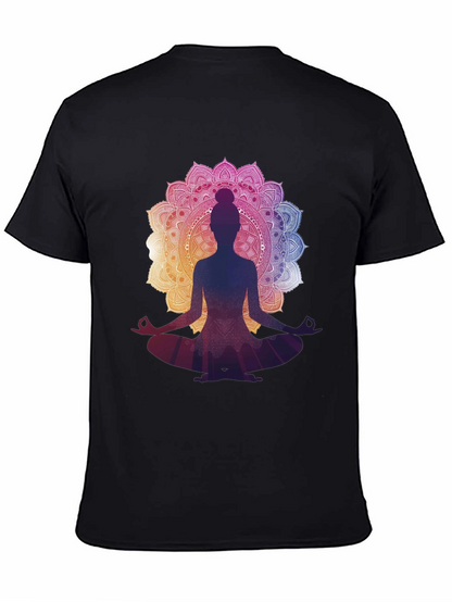Camiseta Negra con Diseño Mandala y Silueta de Yoga