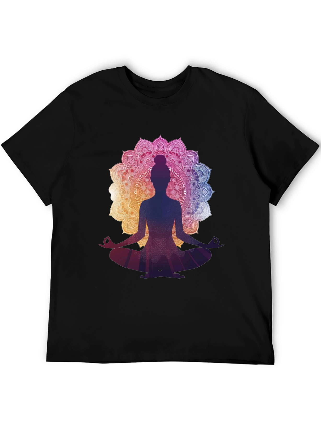 Camiseta Negra con Diseño Mandala y Silueta de Yoga
