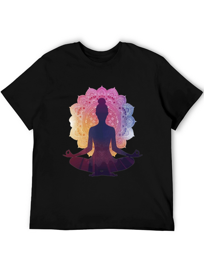 Camiseta Negra con Diseño Mandala y Silueta de Yoga