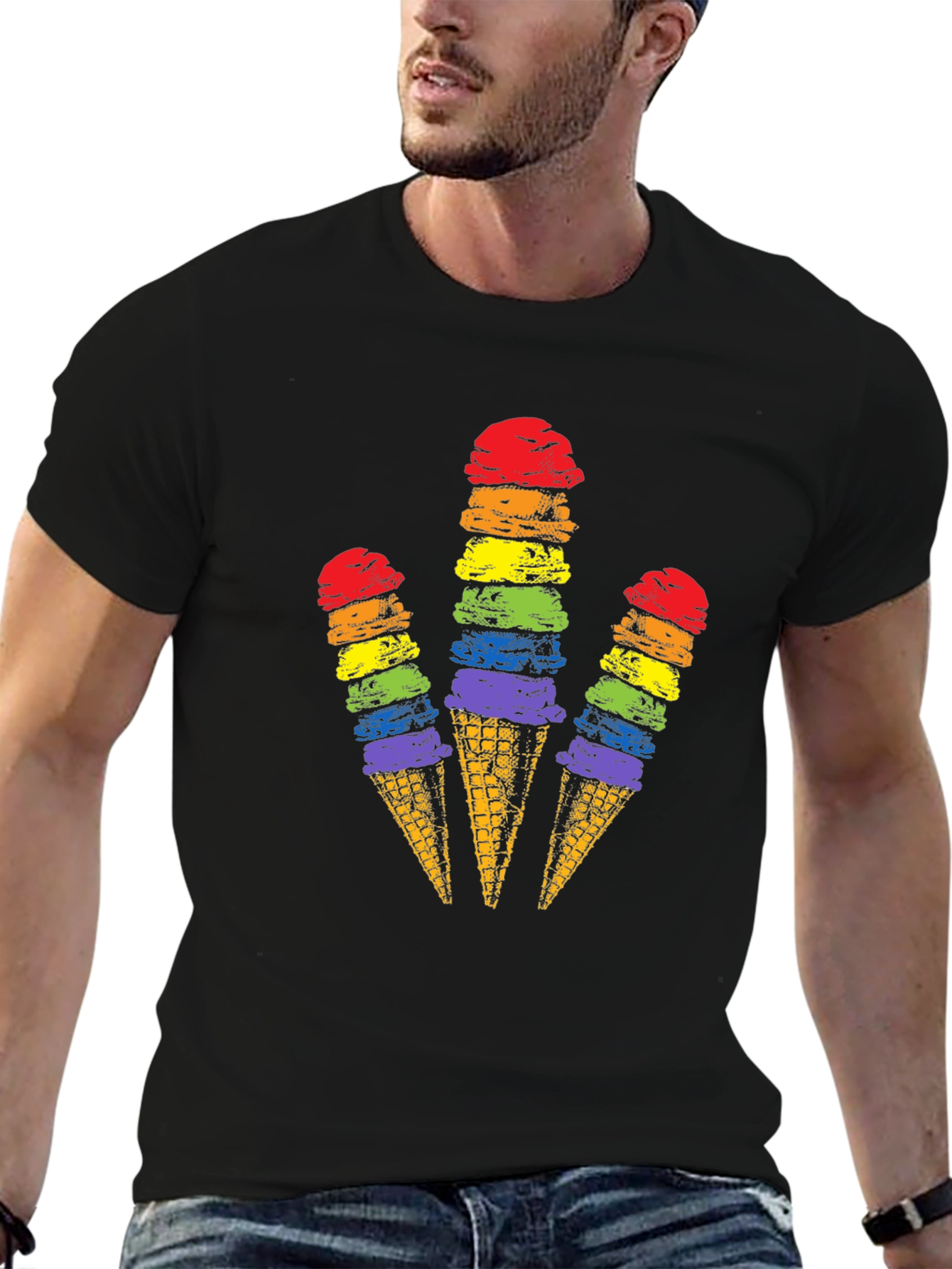 Camiseta Negra con Diseño de Helados Arcoíris
