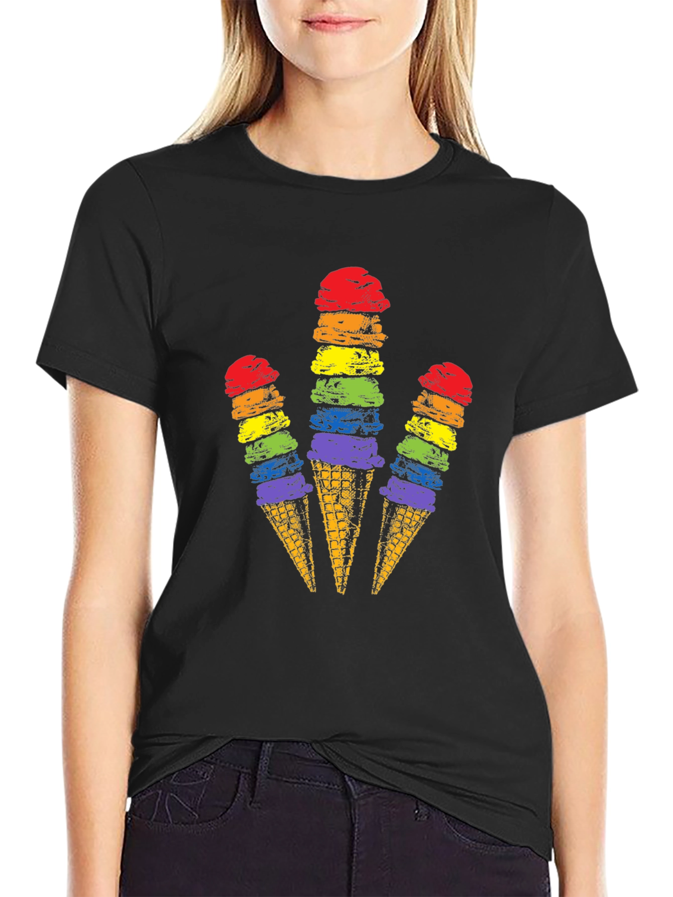Camiseta Negra con Diseño de Helados Arcoíris