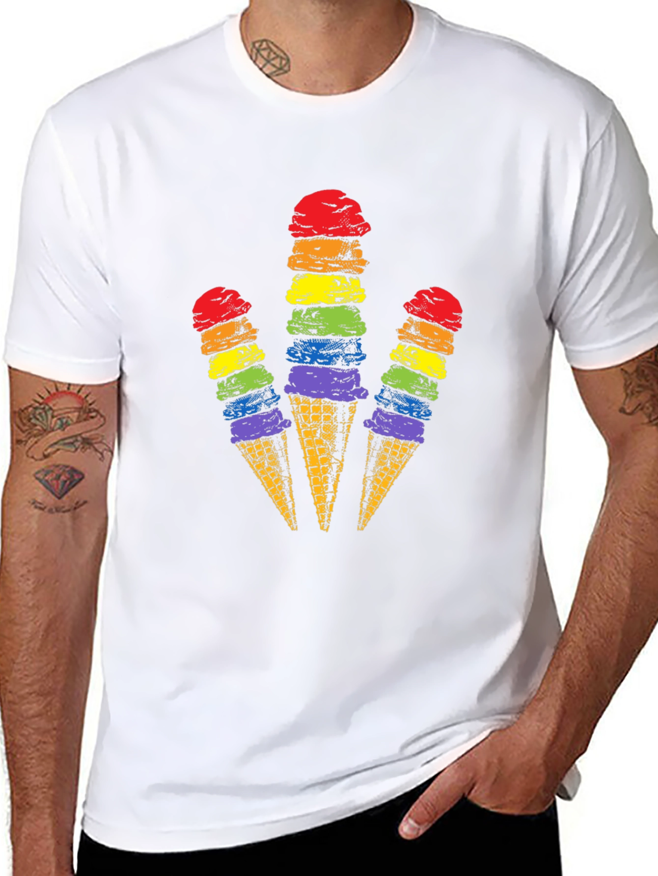 Camiseta Negra con Diseño de Helados Arcoíris