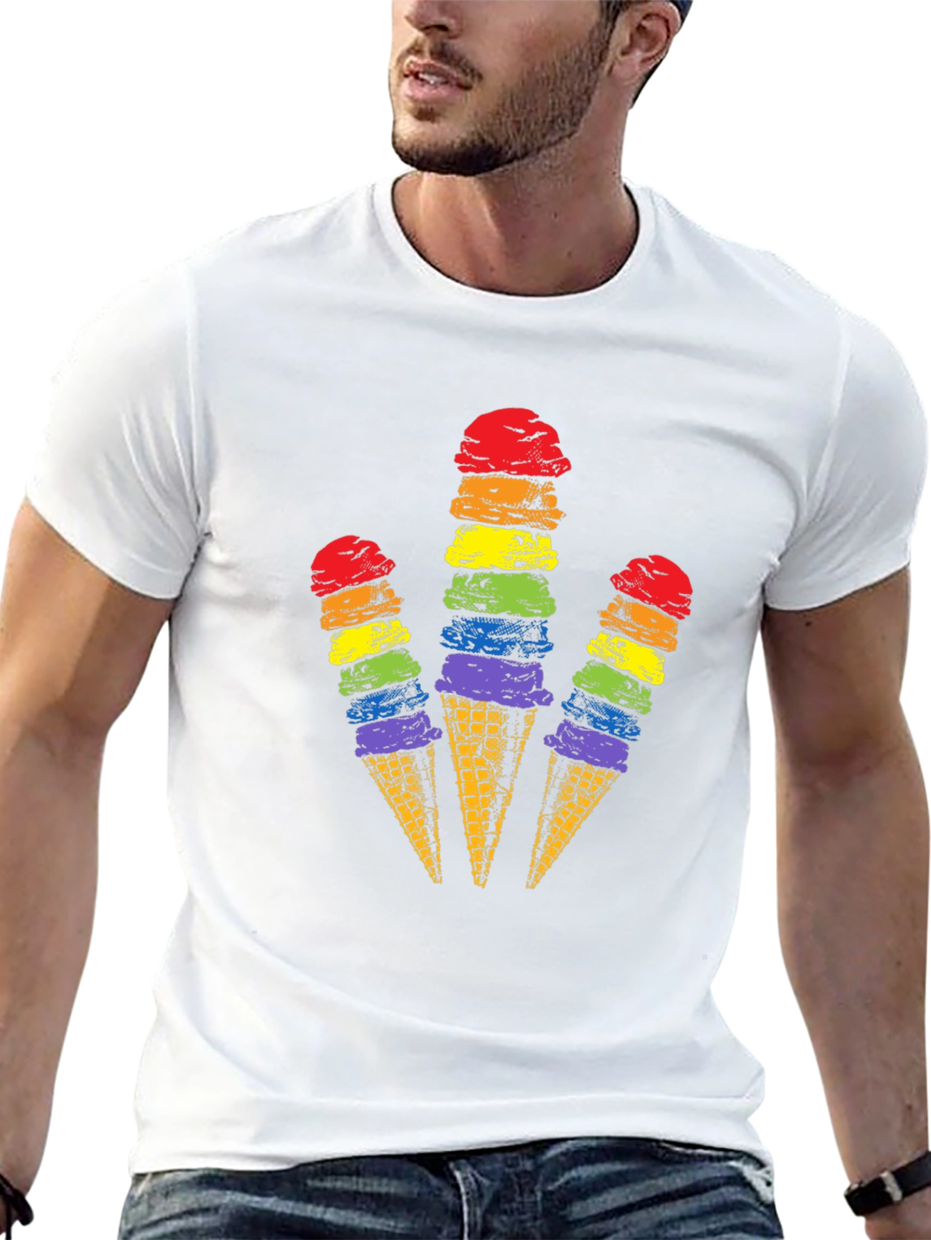Camiseta Negra con Diseño de Helados Arcoíris