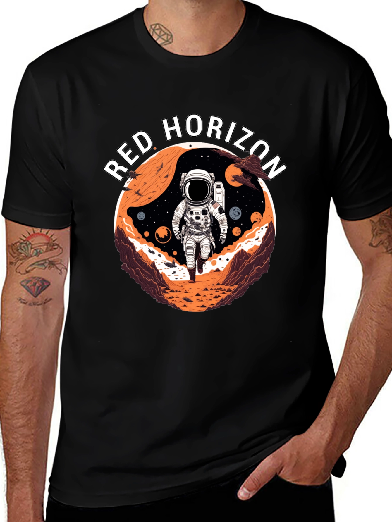 Camiseta Negra Red Horizon Diseño Espacial