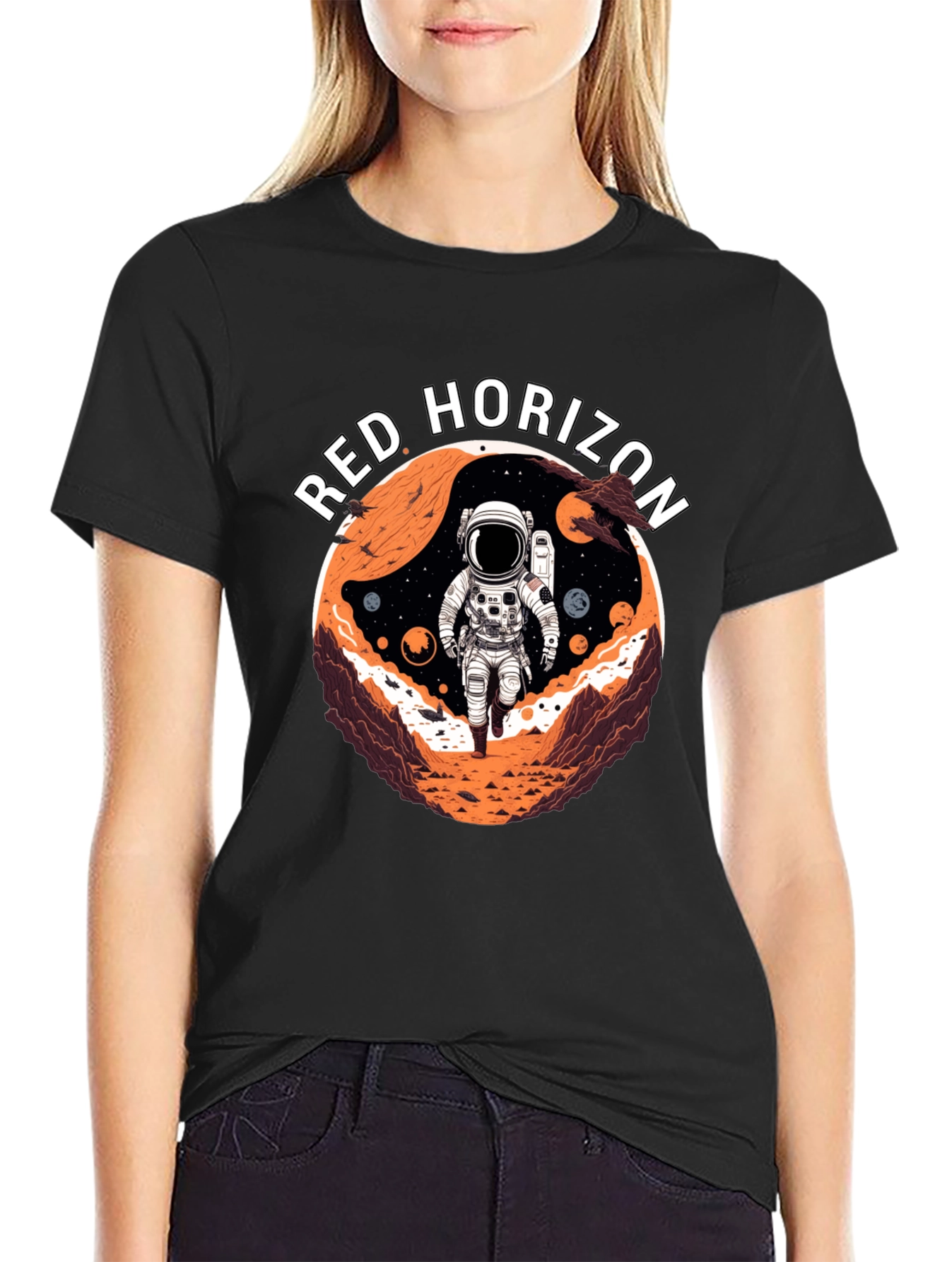 Camiseta Negra Red Horizon Diseño Espacial