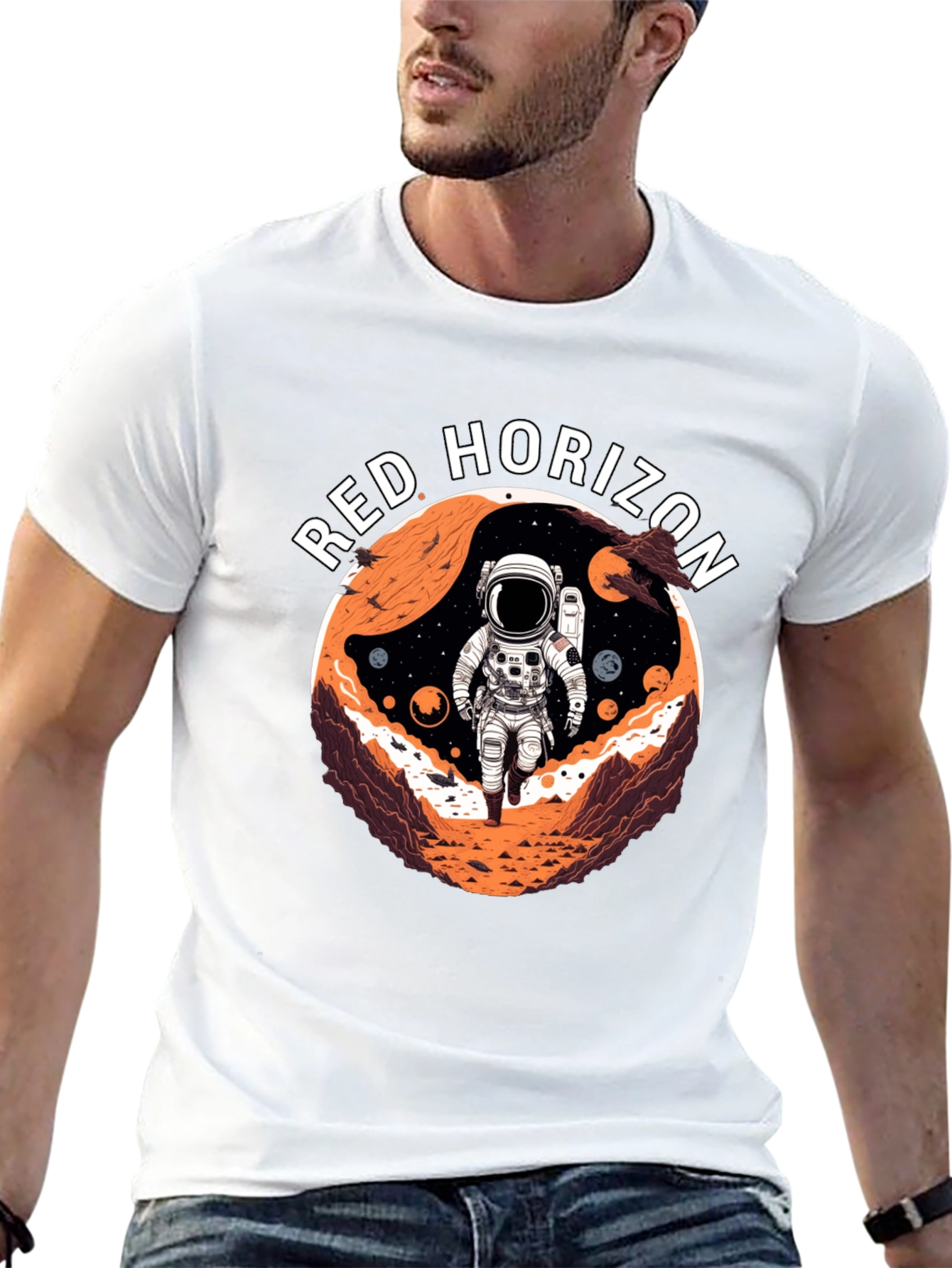 Camiseta Negra Red Horizon Diseño Espacial