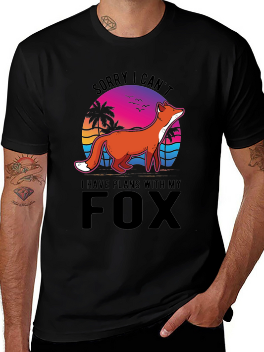 Camiseta Negra con Diseño de Zorro y Atardecer Retro