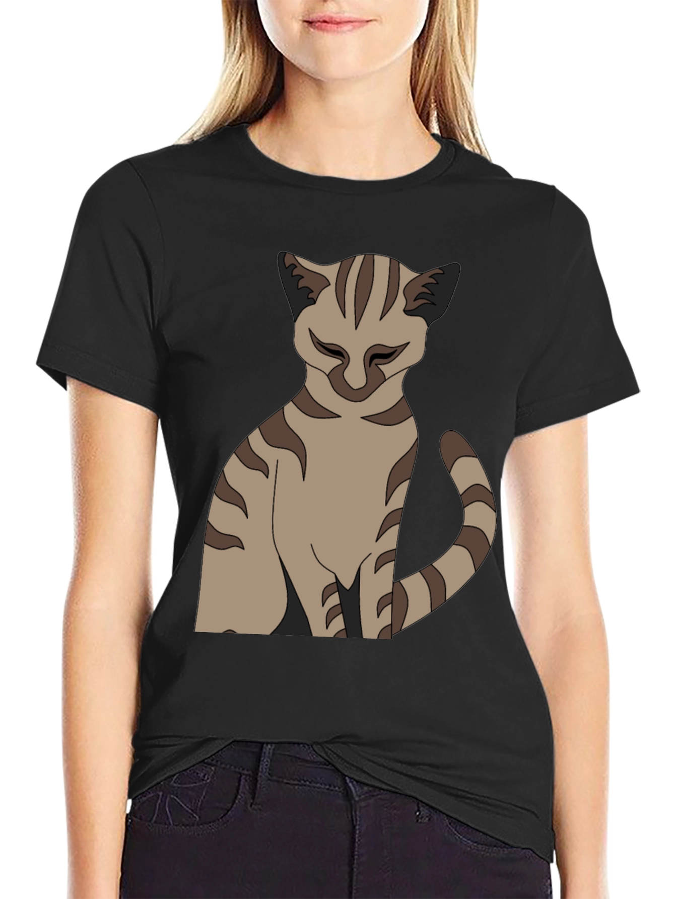 Camiseta Negra con Diseño de Gato Atigrado