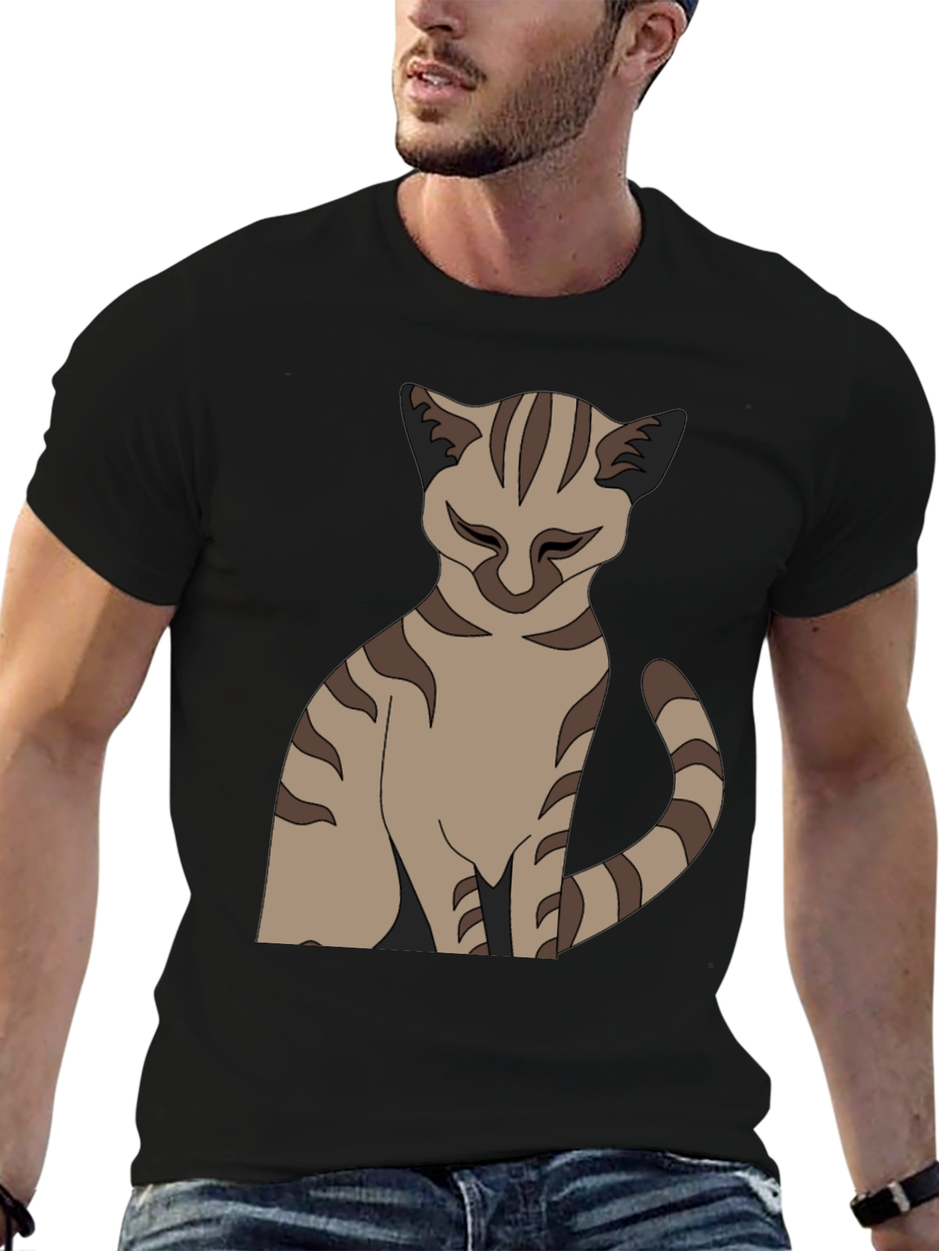 Camiseta Negra con Diseño de Gato Atigrado