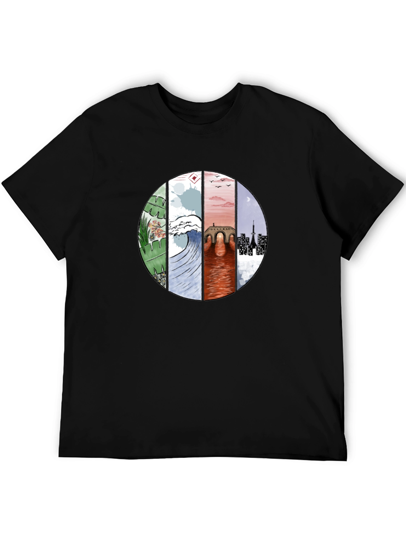 Camiseta Negra con Diseño Circular Abstracto