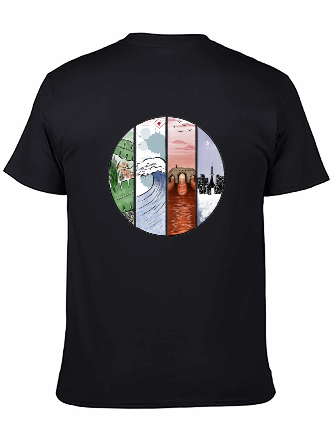 Camiseta Negra con Diseño Circular Abstracto