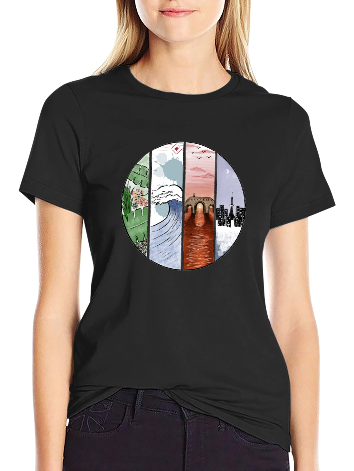 Camiseta Negra con Diseño Circular Abstracto