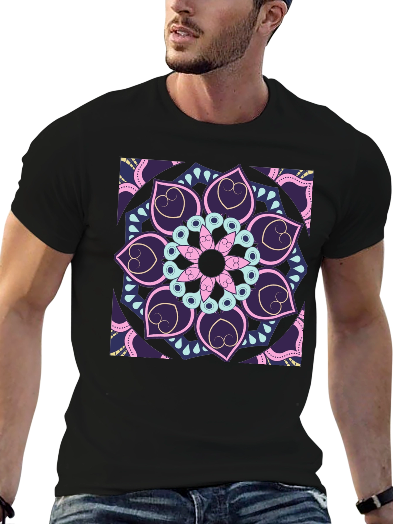 Camiseta Negra con Mandala Floral Abstracta