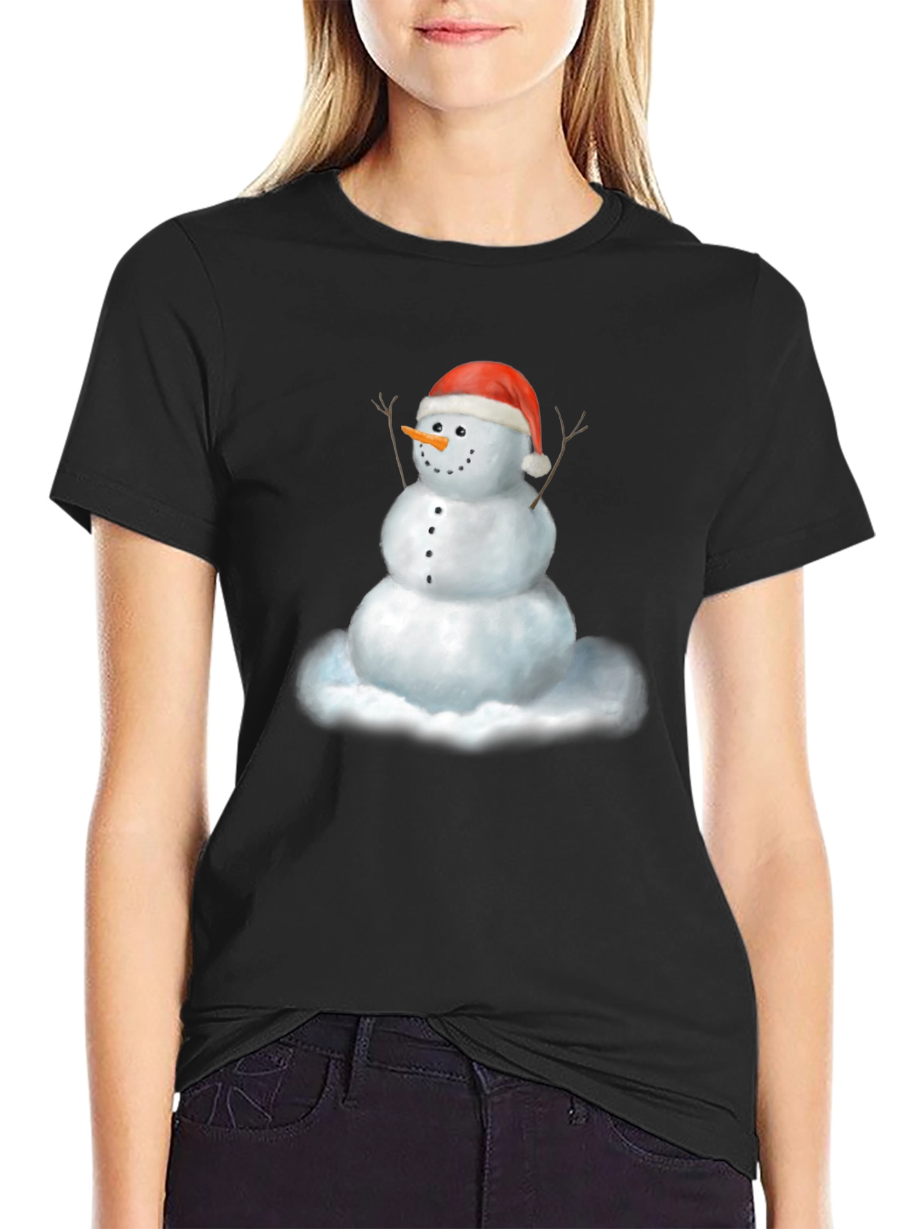 Camiseta Negra con Diseño de Muñeco de Nieve Navideño