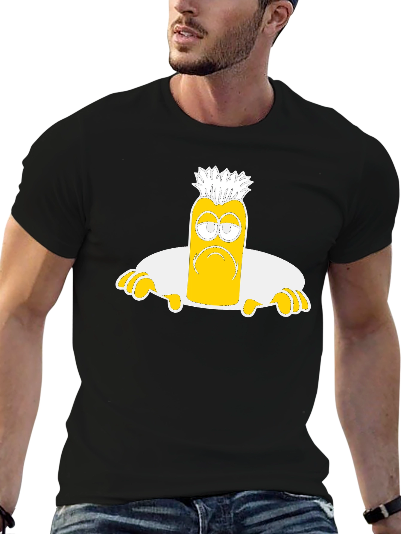 Camiseta Negra con Diseño de Personaje Amarilla Triste