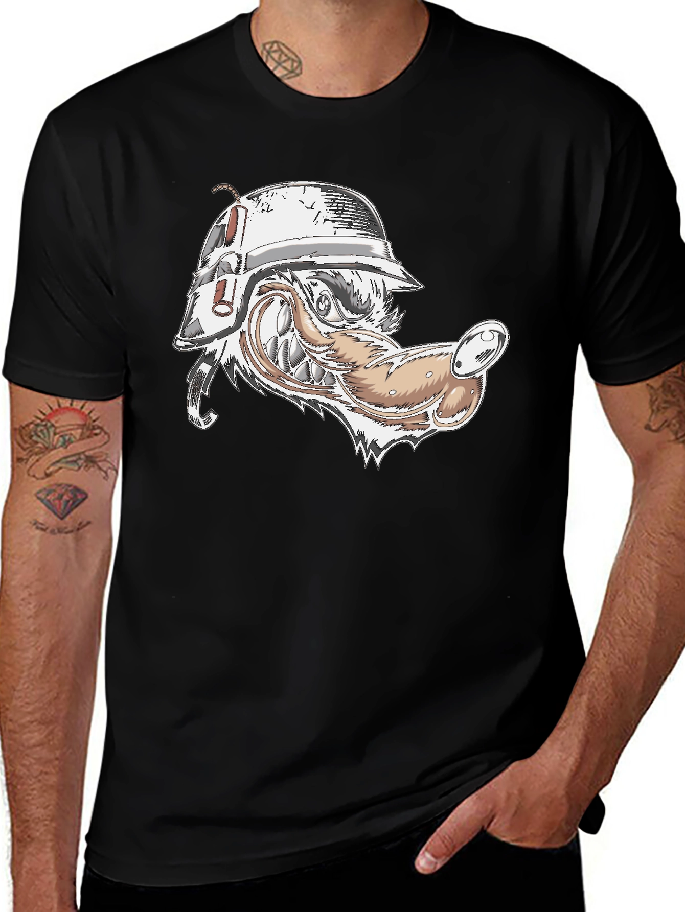 Camiseta Negra Lobo Militar Diseño Único