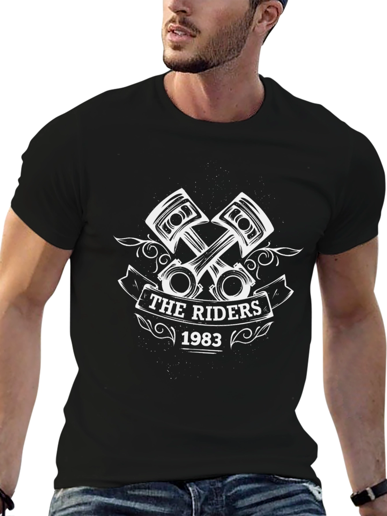 Camiseta Negra The Riders 1983 con Diseño de Pistones