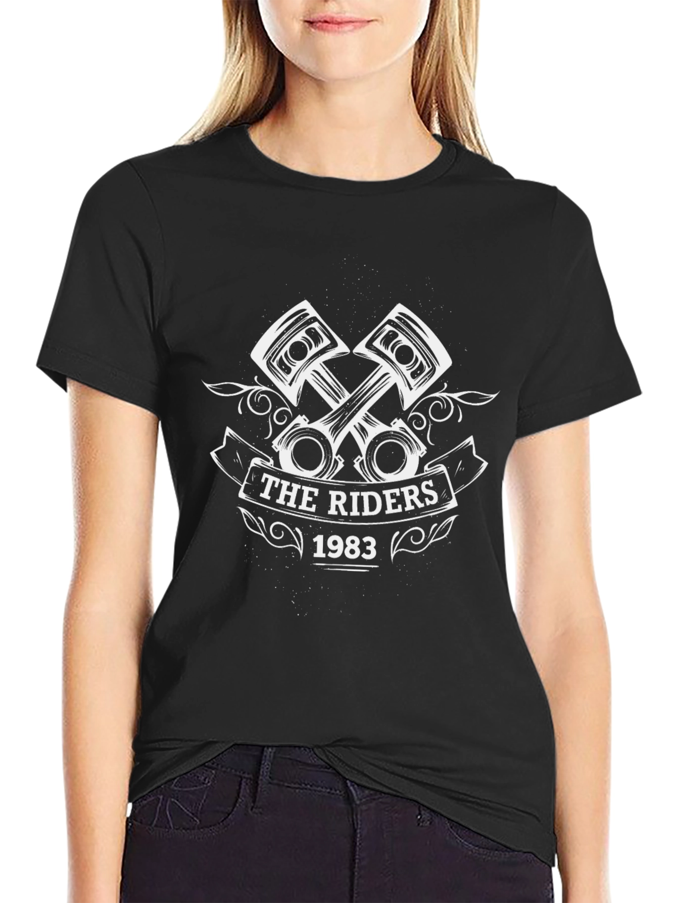 Camiseta Negra The Riders 1983 con Diseño de Pistones