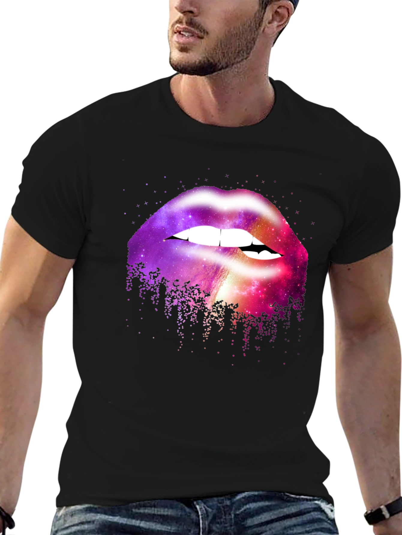 Camiseta Negra con Estampado de Labios Galácticos