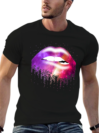 Camiseta Negra con Estampado de Labios Galácticos