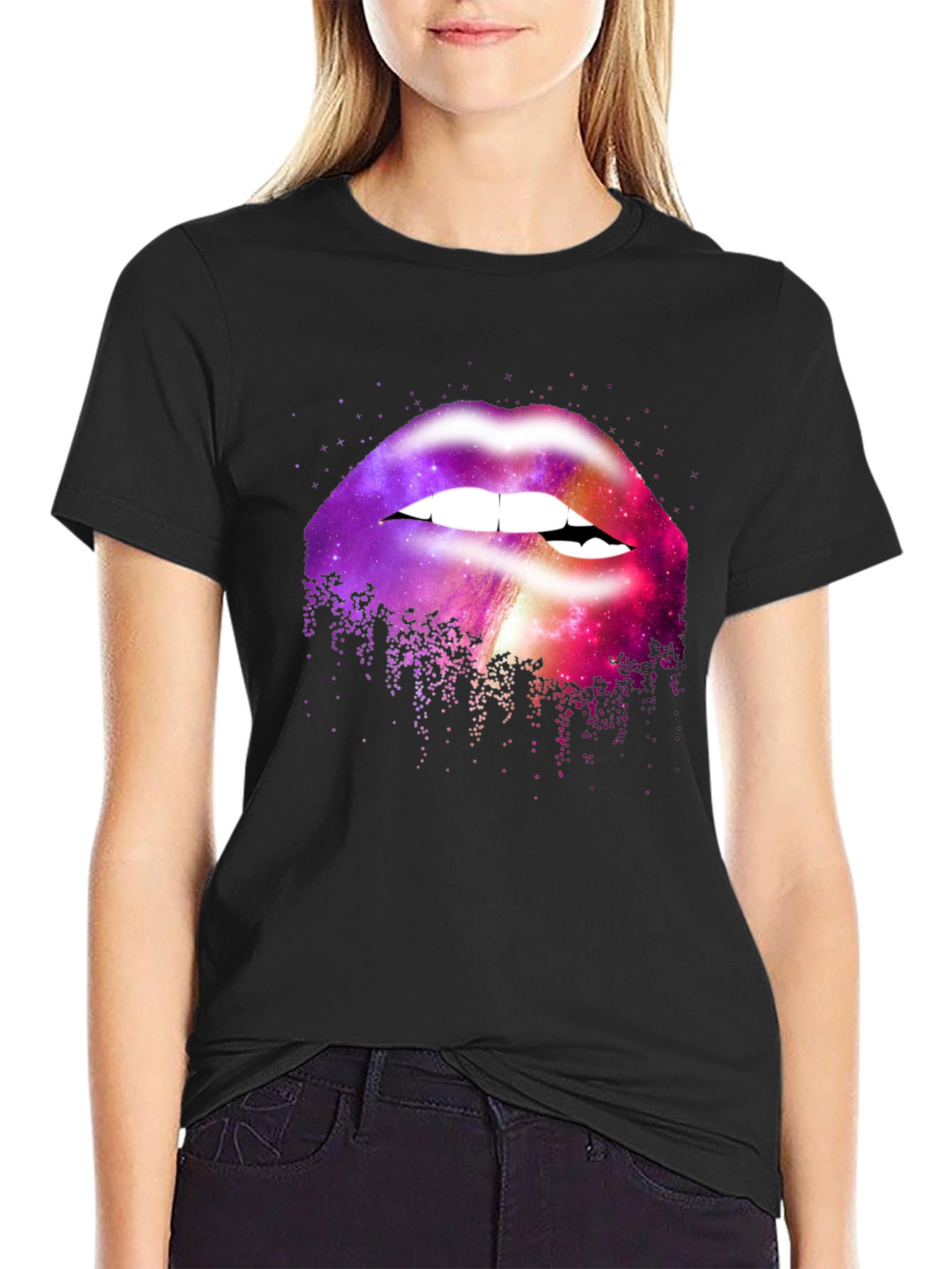 Camiseta Negra con Estampado de Labios Galácticos