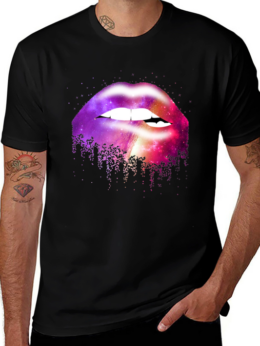 Camiseta Negra con Estampado de Labios Galácticos