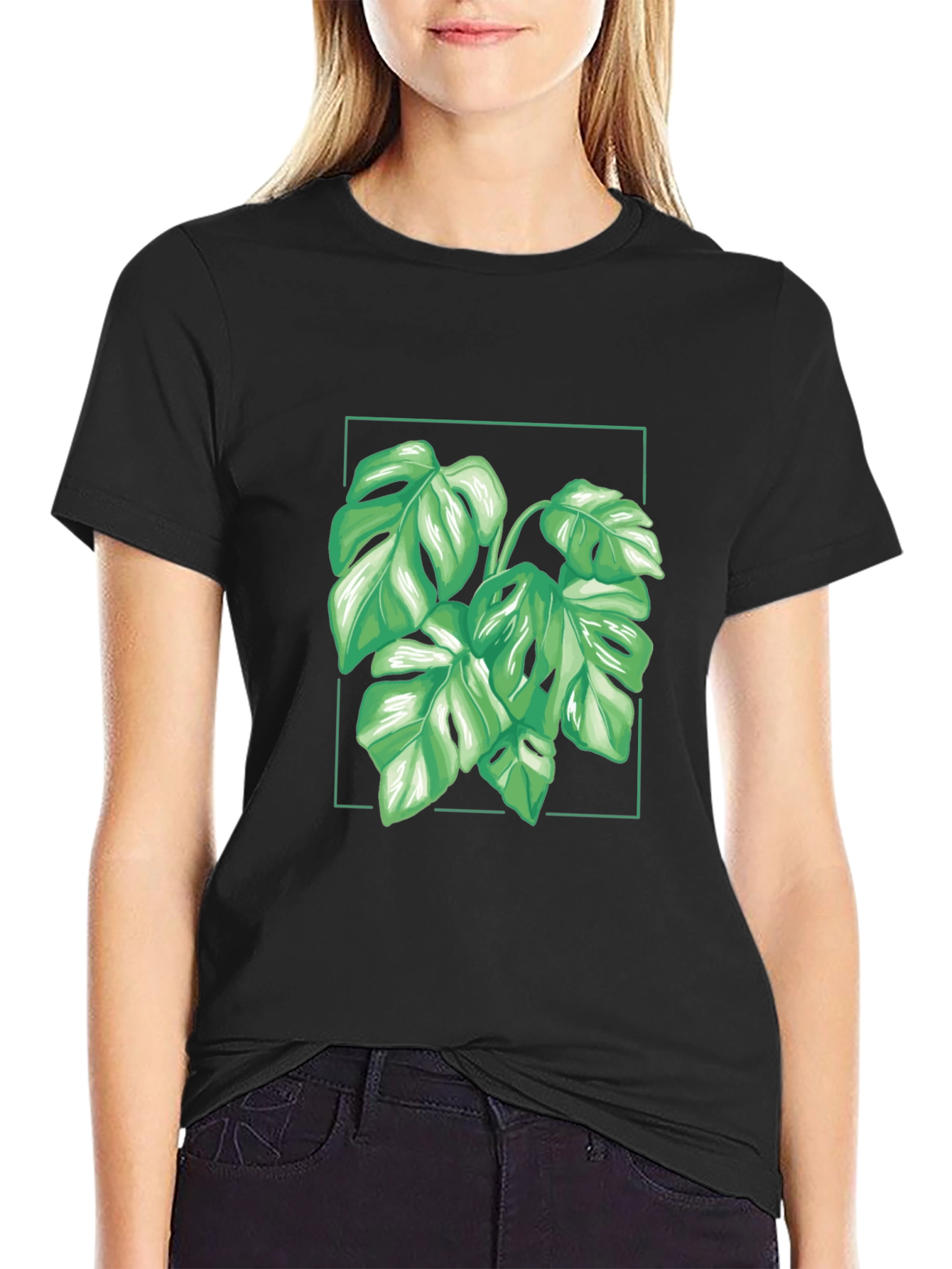 Camiseta Negra con Diseño de Monstera Tropical