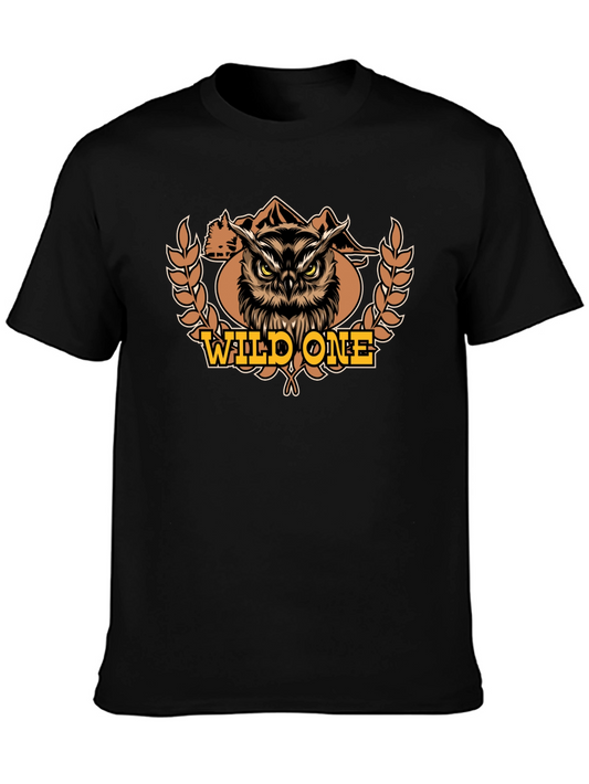 Camiseta Negra Wild One con Diseño de Búho y Montañas