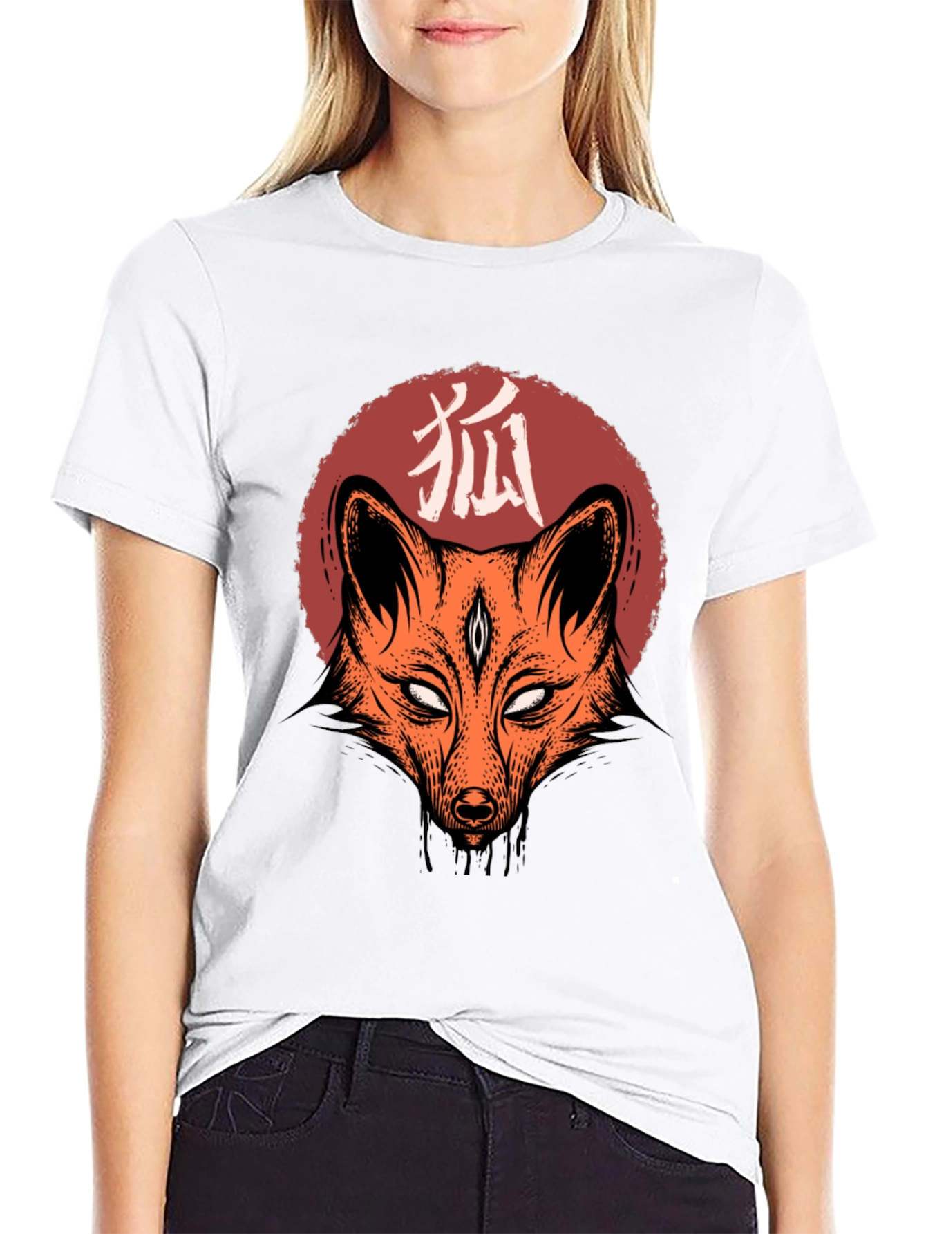 Camiseta Negra con Diseño de Zorro Japonés