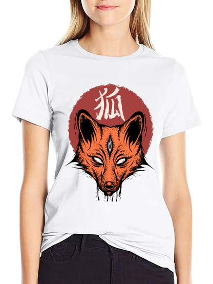 Camiseta Negra con Diseño de Zorro Japonés